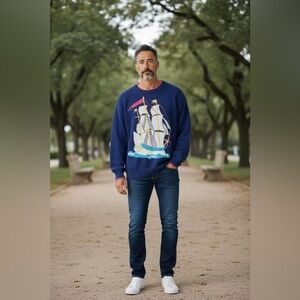 Christian Dior Vtg Nautical Sailing Ship 100% Cotton Sweater Men’s L Old Money